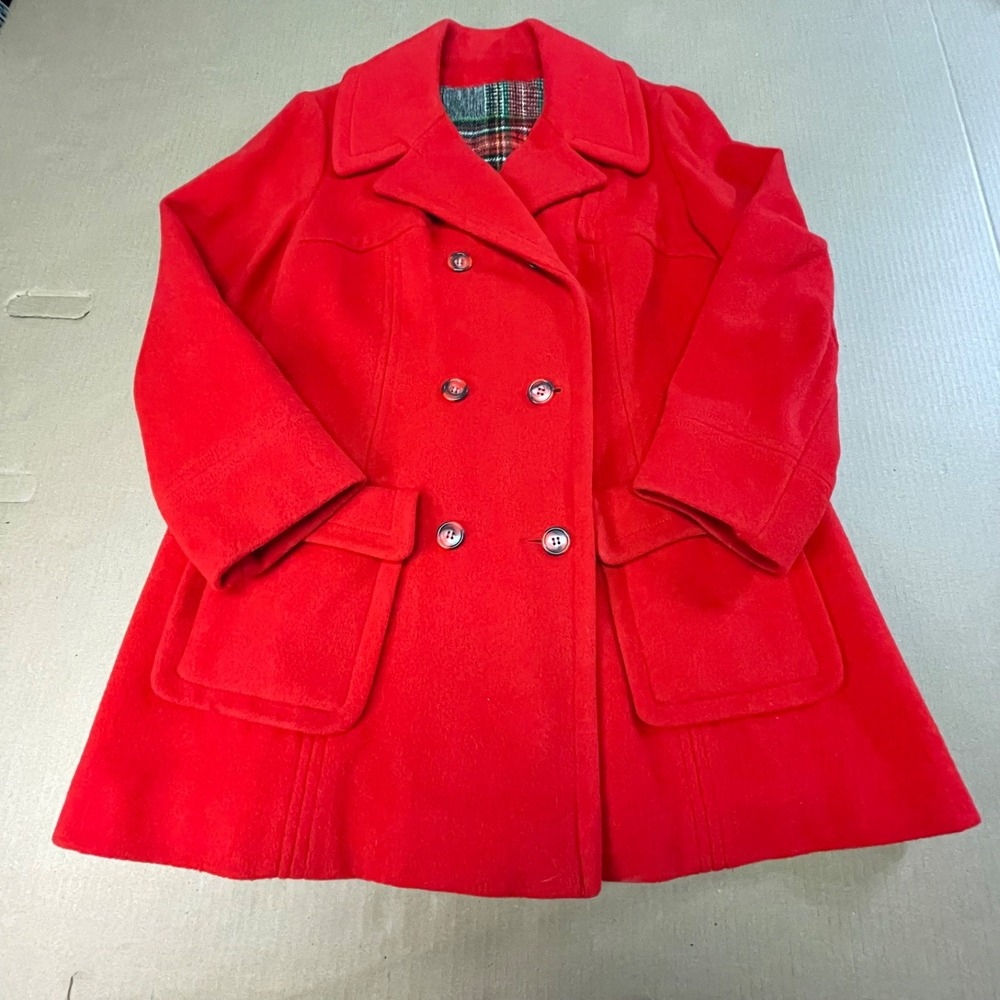 Vintage 70s Betty Rose Red Wool Pea Coat Plaid Lined Women's M Pit to Pit 19"
